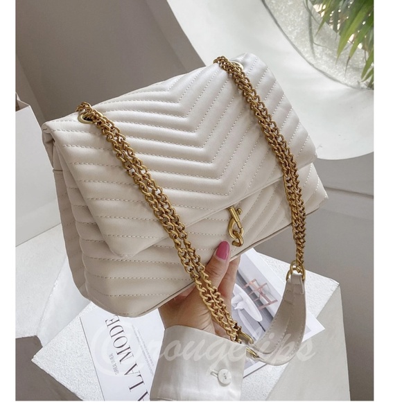 Rouge! Handbags - Vegan Leather Chevron Quilted Cream Color Purse Chain Strap Handbag